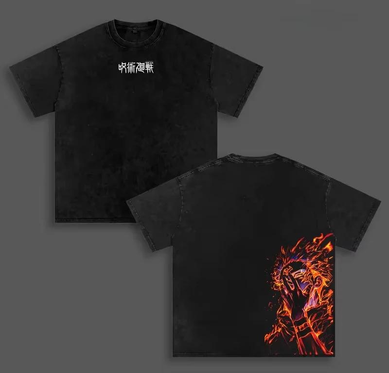 Vintage Anime Jujutsu Kaisen T-shirt Ryomen Sukuna Y2k Washed 100% Cotton Tee Shirt Summer Short Sleeve Tshirt For Men's Top