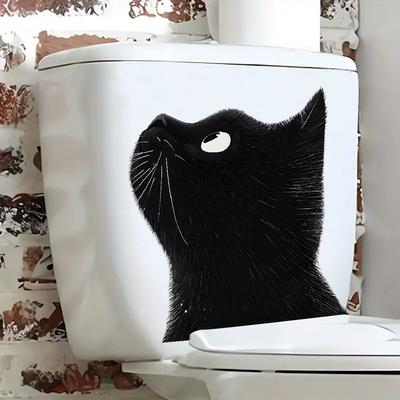 Schwarzes Kätzchen, das hervorlugt, Toilettenwand-Aufkleber-Set, Selbstklebend, Abnehmbare Folie für Badezimmer-WC-Dekoration