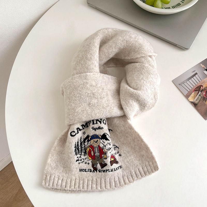 New autumn and winter embroidery bear men and women versatile solid color students cute winter warm knitted scarf