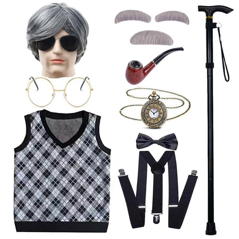 Disfraz de abuelo premium con peluca, chaleco elegante y accesorios para niños y adultos.