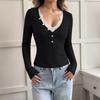 VEZFAA Camicette e camicie con scollo a V a maniche lunghe con stampa tinta unita primavera autunno moda casual da donna