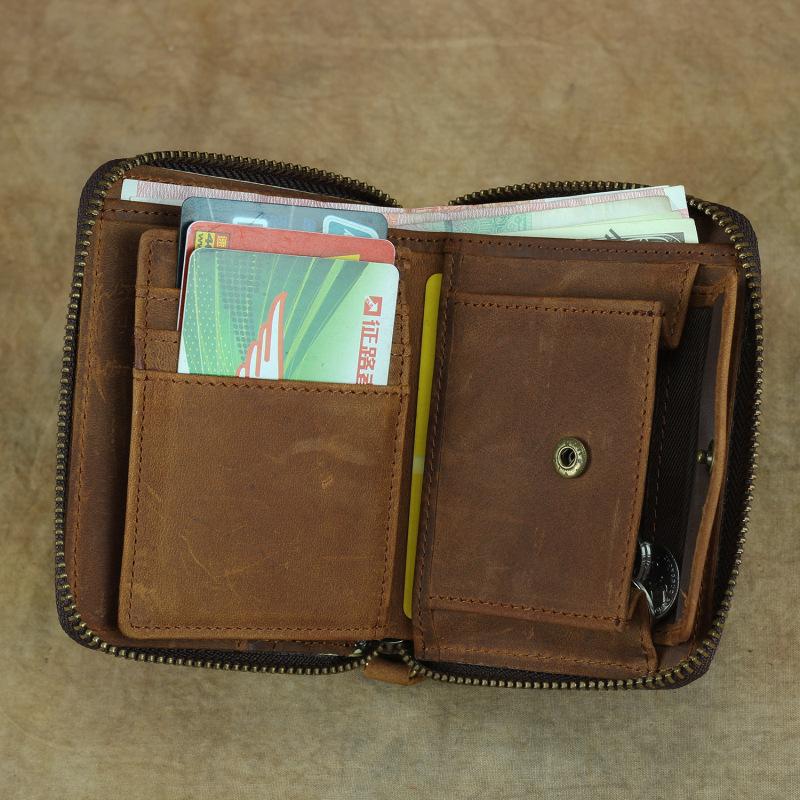 European and American Retro Men's Wallet Multifunctional Crazy Horse Leather Wallet 2 Fold Chain Wallet Horizontal and Vertical Styles