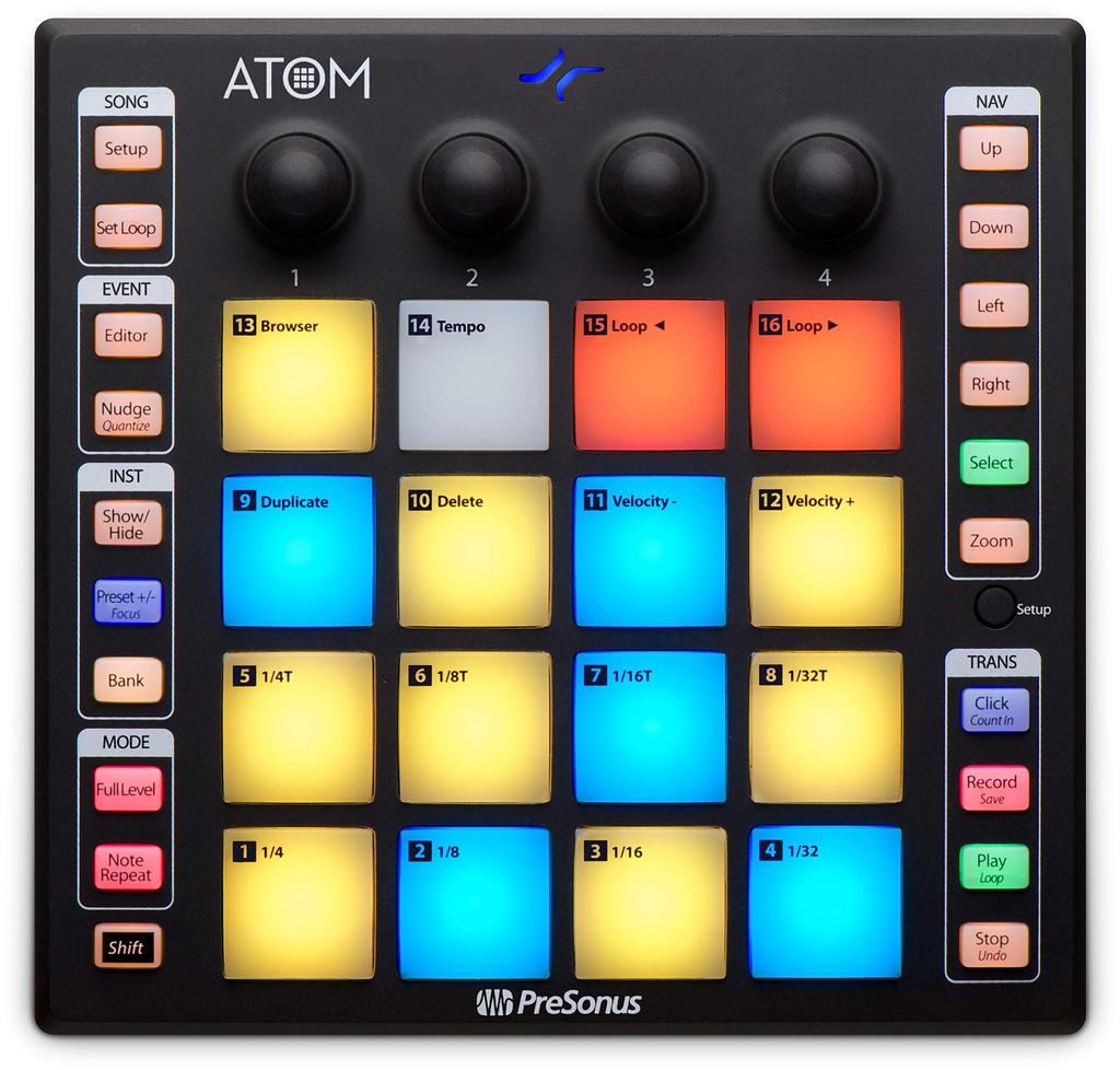 PreSonus ATOM Pad Controller 16 RGB LED Pads Studio One Artist Bundle Full-Size Velocity/Pressure-Sensitive