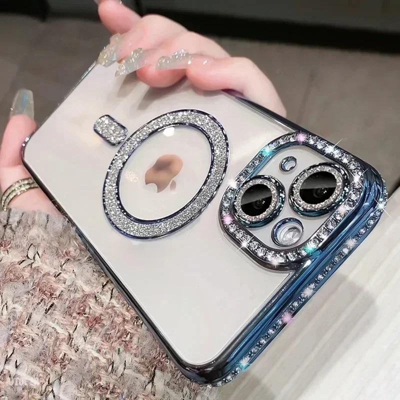 Klares Bling Kristall Handyhülle Für iPhone 17 Air 15 16 14 11 12 13 Pro Max Plus Für Magsafe Magnetische Kabellose Ladeabdeckung