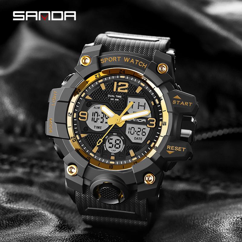 Fashion SANDA 6030 Men's Electronic Watch Outdoor Sports Multi functional Dual Display Waterproof LED Men's Electronic Watch