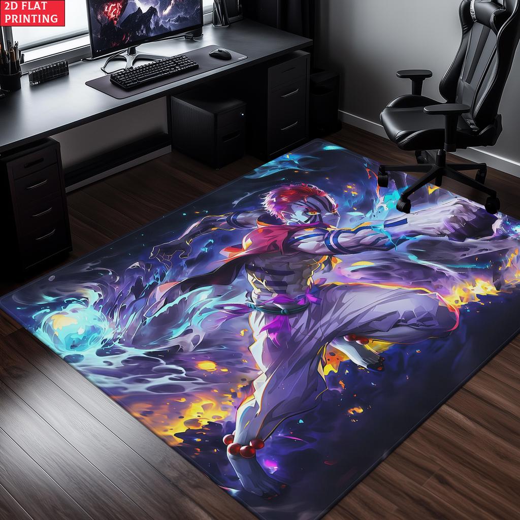 Anime Demon Area Rug, Dark Fire Water Theme Non-slip Floor Mat, Gamer Room Bedroom Decor Carpet, Washable Home Gift