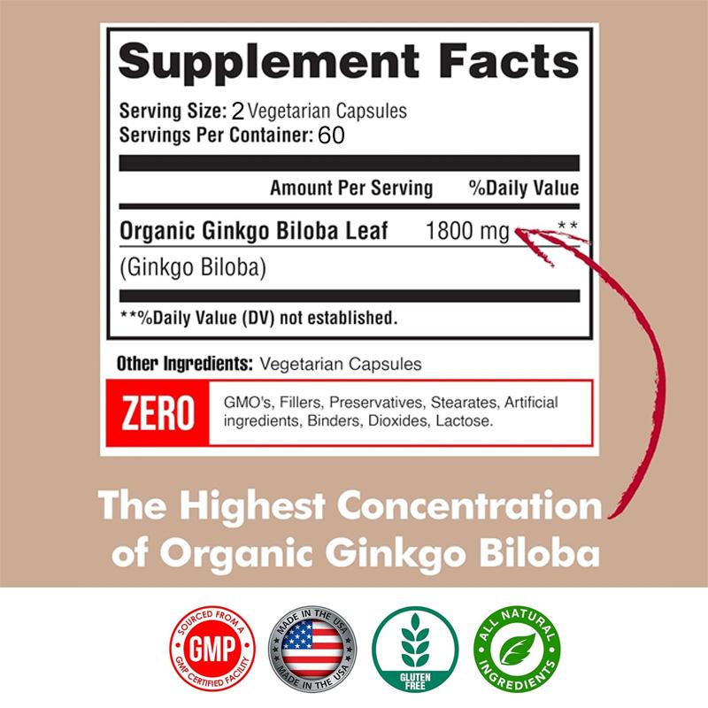 Czysty Ginkgo 1800 mg, Organiczny Ginkgo, Wspiera Pamięć i Funkcje Mózgu, Poprawia Koncentrację i Wsparcie Poznawcze