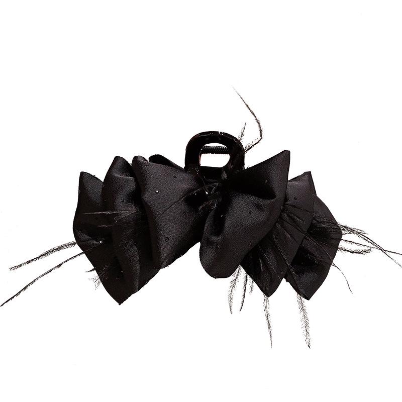 Luxury Black Satin Feather Bubble Claw Clip for Women - Diamond Accent Hair Accessory