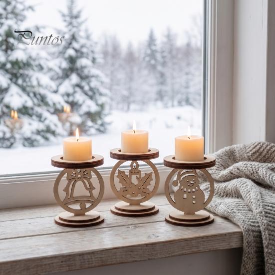 Hollow Carved Wood Decor 3Pcs Christmas Wooden Candle Holder, Detachable Tealight Stand with Indoor Holiday Party Supplies Snowman/Bell/Candle
