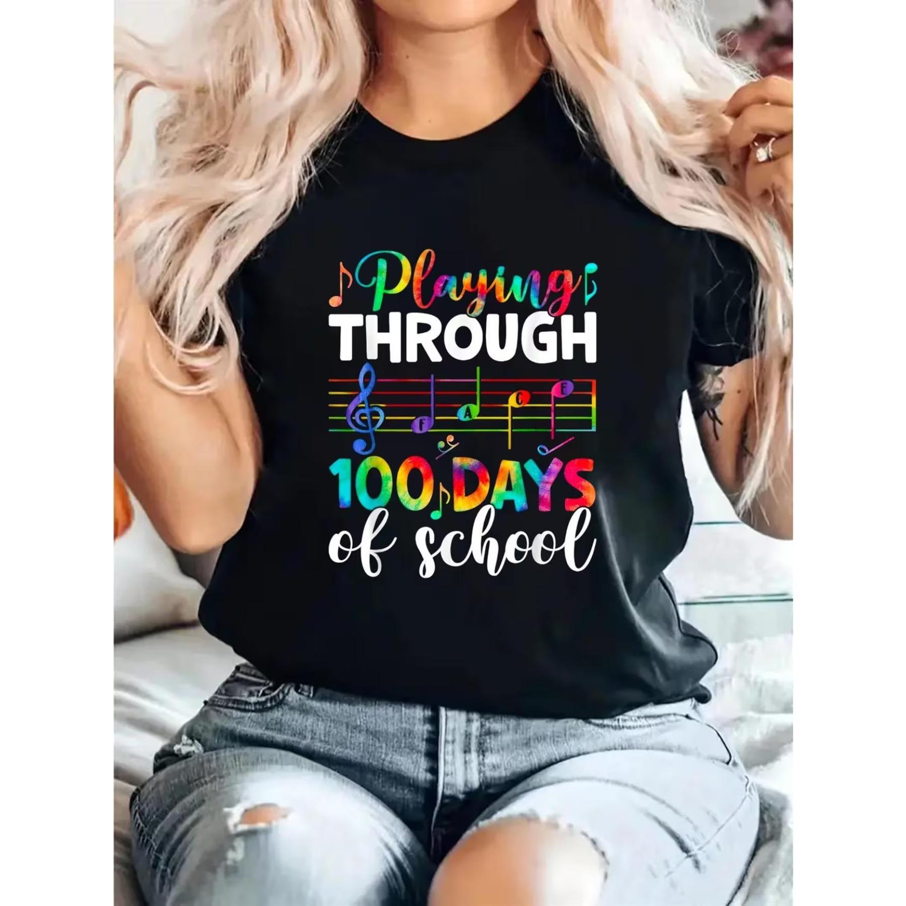 

Women s 100 Days of Music Teacher T-Shirt - Slim Fit Short Sleeve Top with 100-Day Music Note Print XXL