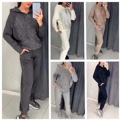 Women's Two-Tone Hooded Sweatshirt and Jogger Set with Rhinestone Design