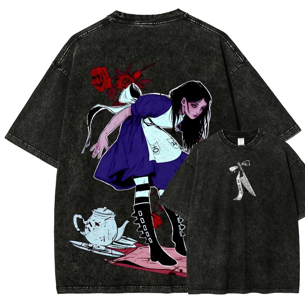 Alice Madness Returns Ausgewaschenes T-Shirt Unisex Persönlichkeitskleidung Übergroß Geeignet für Alle Jahreszeiten Paare Klassisch Hohe Qualität
