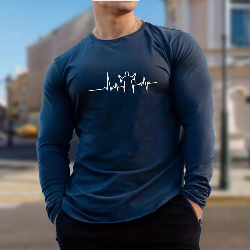 Электрокардиограмма Принт Мужские футболки Длинные рукава Футболки Круглый вырез — фото 5