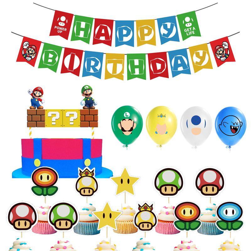 Super Mario Kids Birthday Party Decor Suit Supplies Balloon Banner Cake Topper