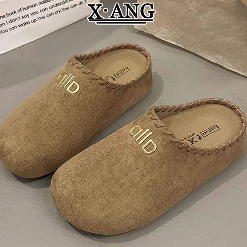 Super soft thick-soled cowhide version outer wear bag head half slippers autumn new one-pedal single shoes children