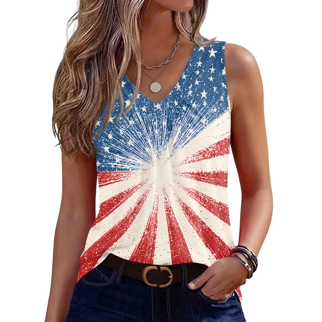 V-Neck Tank Top Women Print Tank Tee Casual Loose Fit Sleeveless Shirt