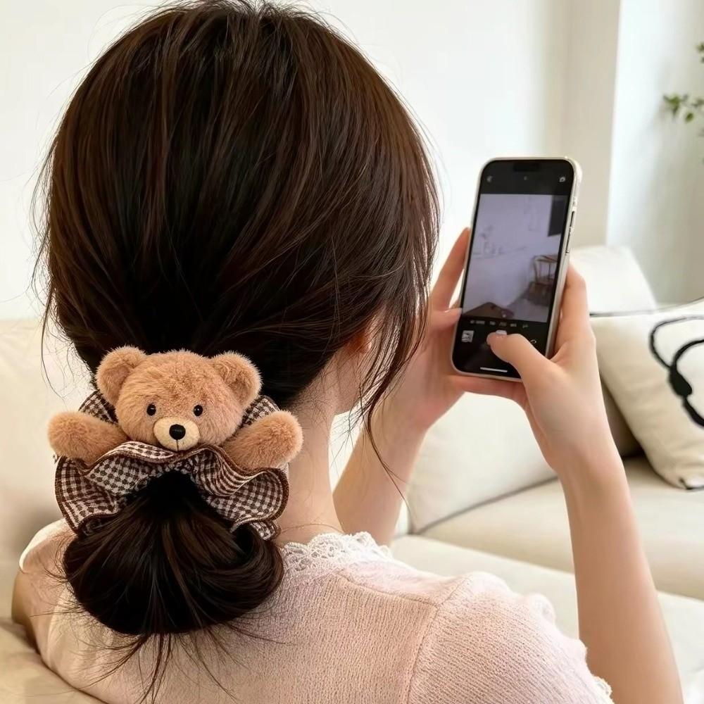 High Elasticity Plush Bear Scrunchies Cute Hair Rope Gift Plaid Ponytail Holder Daily