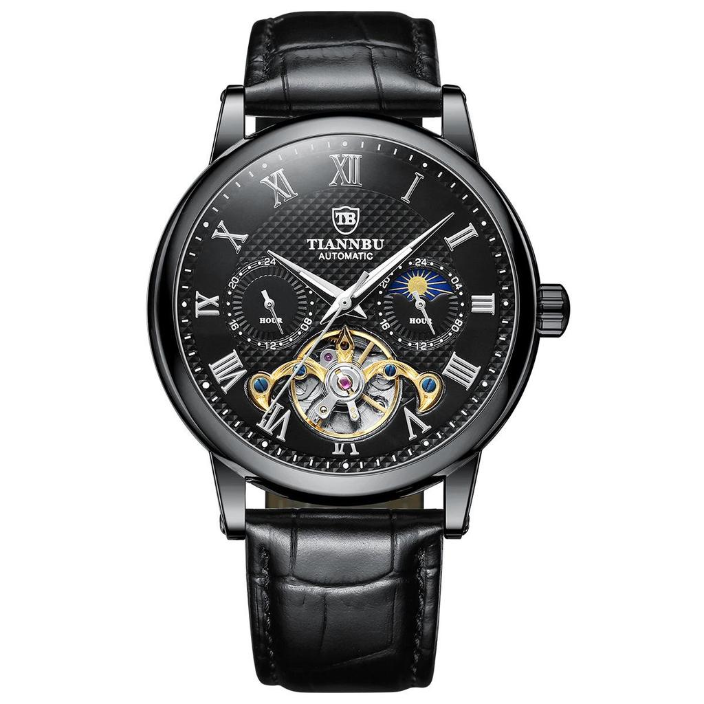 Relógio Masculino Automático Luminoso à Prova d'Água com Pulseira de Couro - Design Sol Lua Estrelas