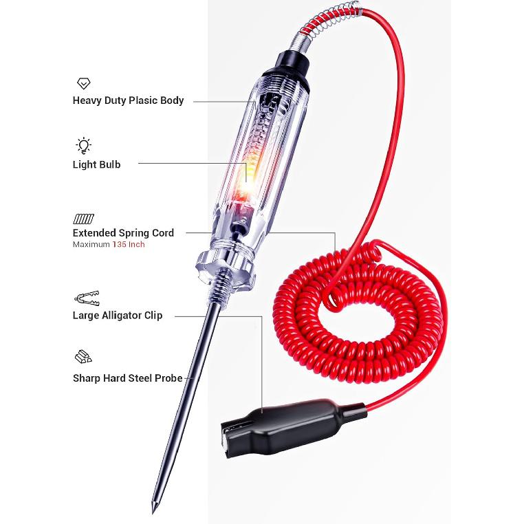 Heavy Duty Automotive Circuit Tester, Premium 6-24V Test Light With Extended Spring Test Leads & Sharp Piercing Probe, Circuit Voltage Tester With
