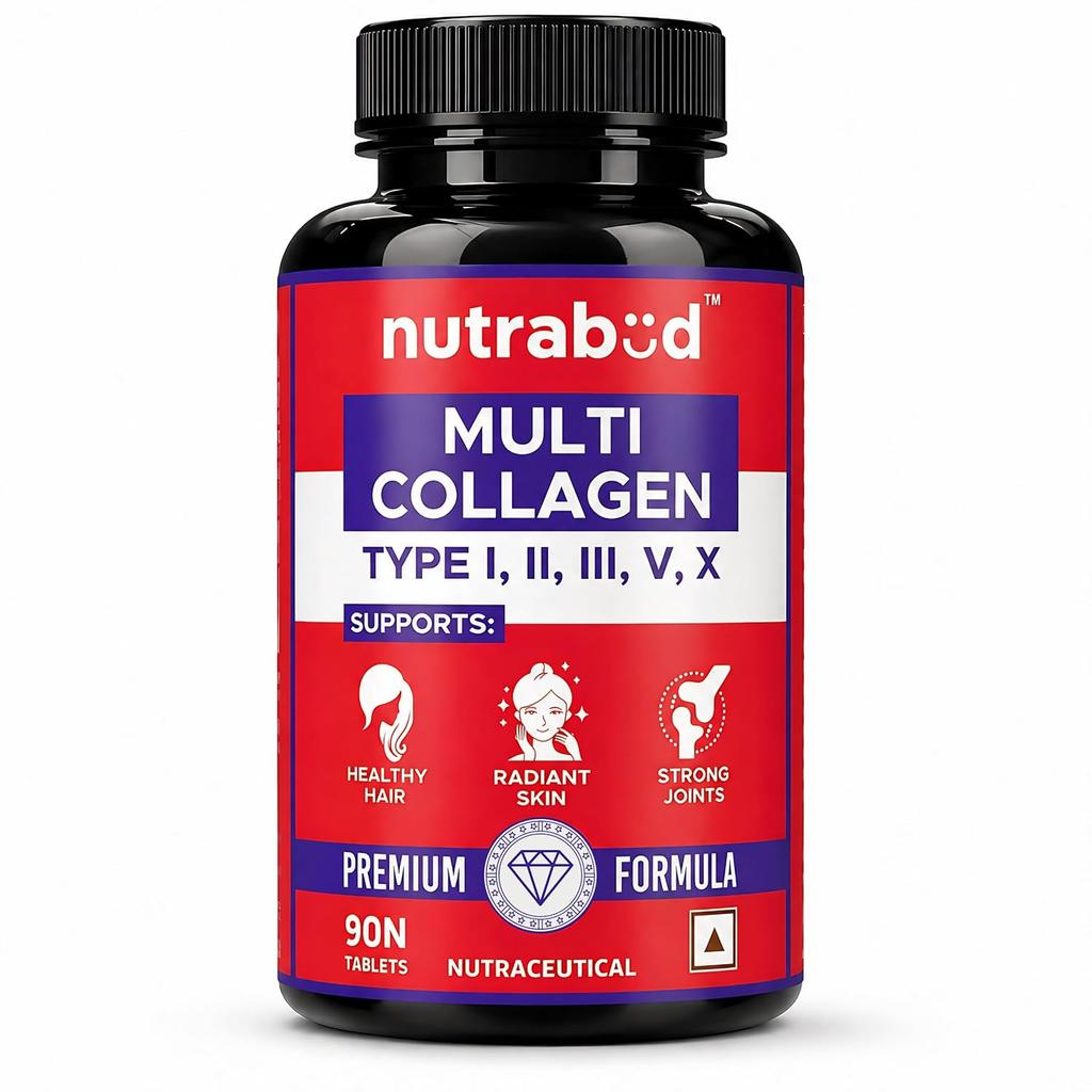 Nutrabud Multi Collagen Complex For Women Men 90 Tablets Hydrolyzed Peptides With Types I II III V X For Skin Hair Joints