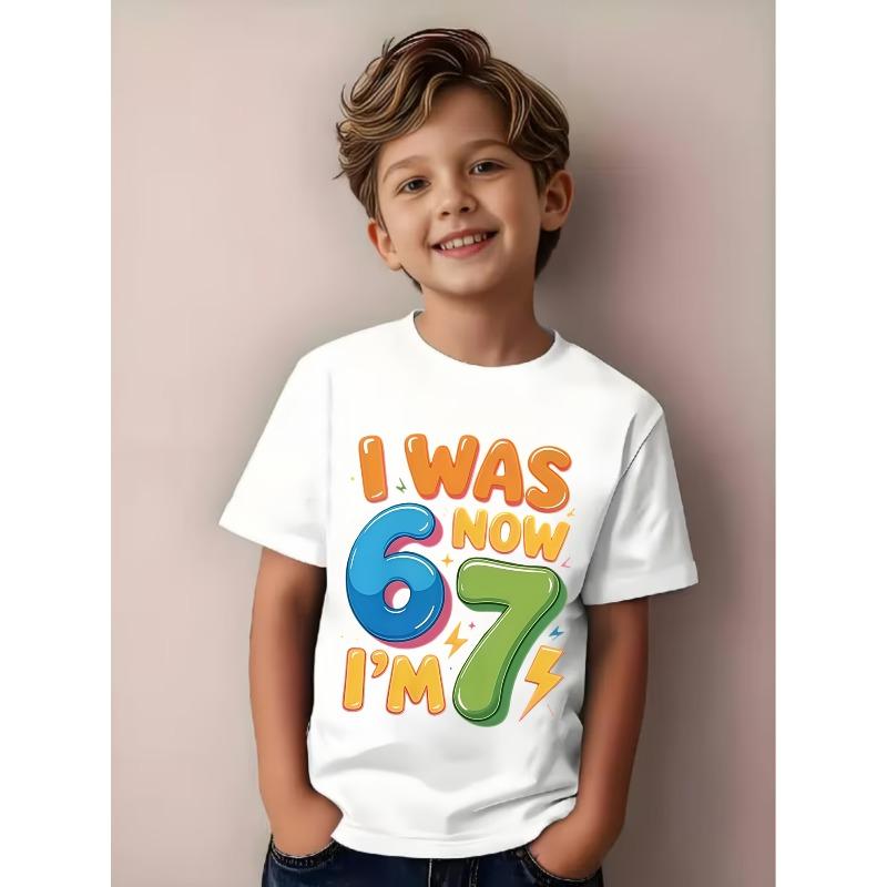 European sizes 7th Birthday T-Shirt - Fun "I'm 6, Now I'm 7" Number 67 Design with Balloons and Confetti - Soft, Breathable Crewneck Casual Tee