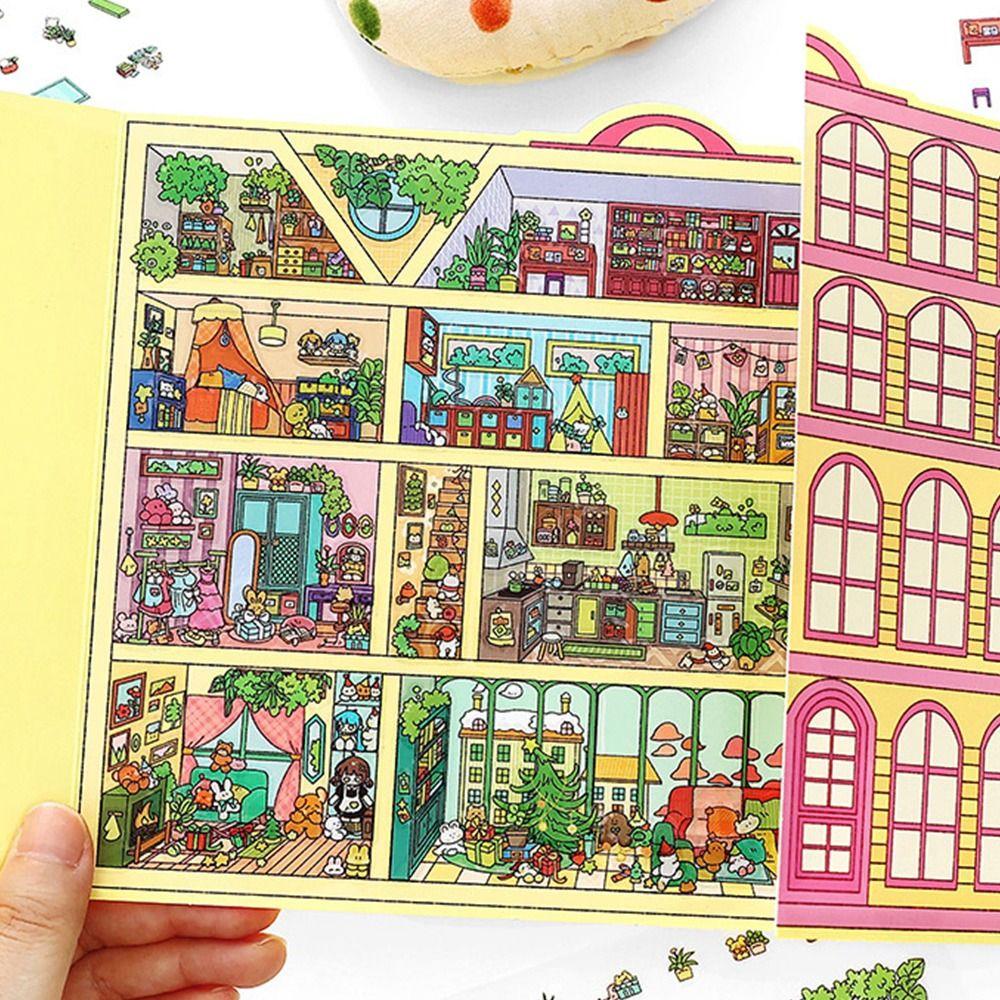 Kawaii 2,5D Landschaftsaufkleber Mehrfarbiges Cartoon-Muster Szenenaufkleber Wohnung Rosa Hotel-Landschaftsaufkleber-Set