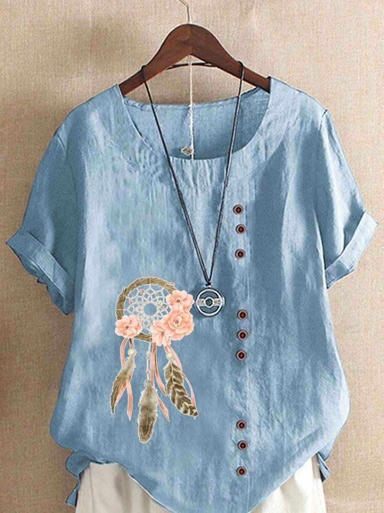 Women's Fashion Feather Flower Print Casual Cotton Linen Short Sleeve Round Neck T-shirt Shirt Leisure Loose Summer Blouse Tops