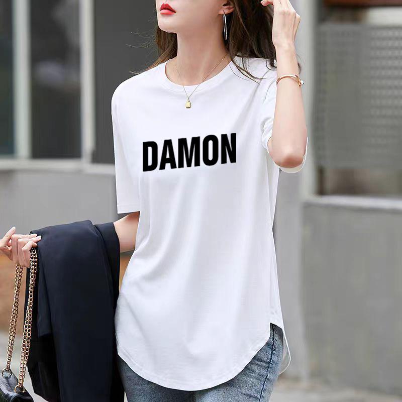 Ny Sommarvit Mellångd Böjd Kortärmad T-shirt för Dam Nisch Tecknad Tryckt Lös Topp