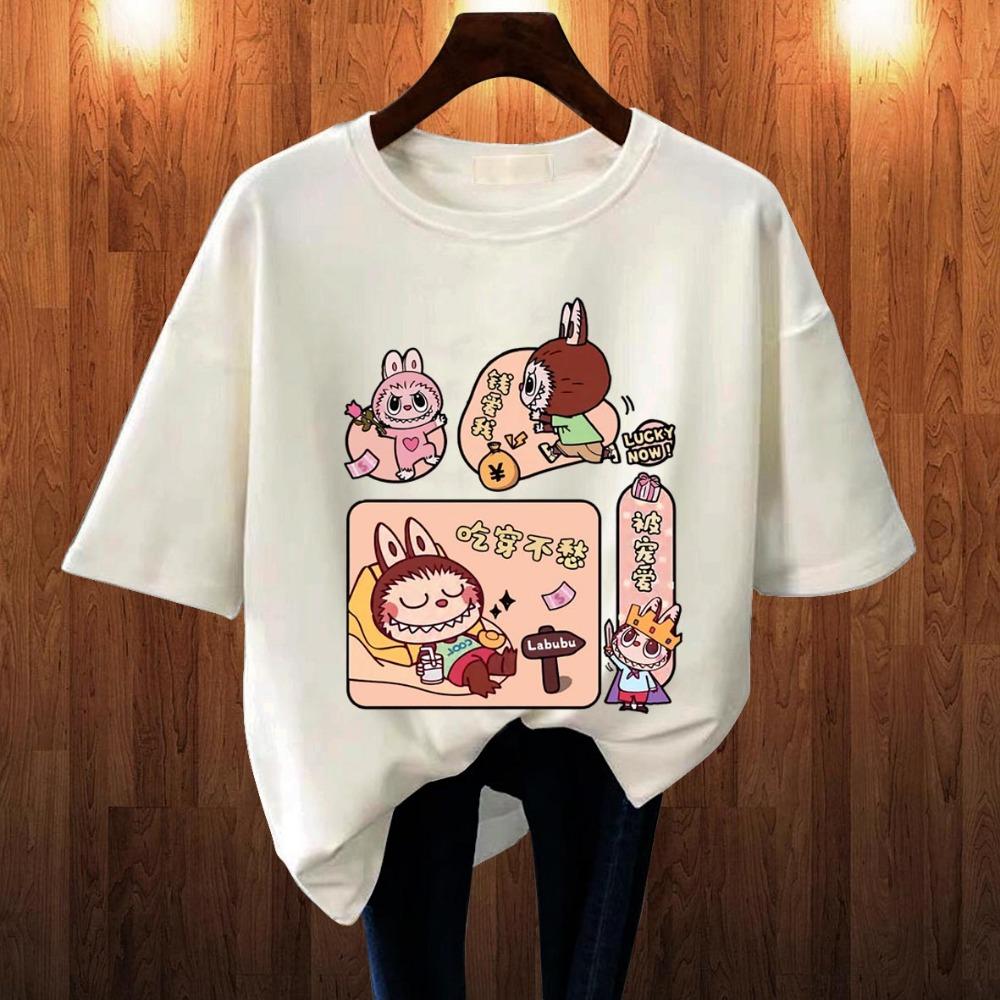 

Популярная детская одежда 2025 года, футболка с коротким рукавом с рисунком LABUBU, отдых, круглый вырез, мультяшный стиль, топ для девочки 100