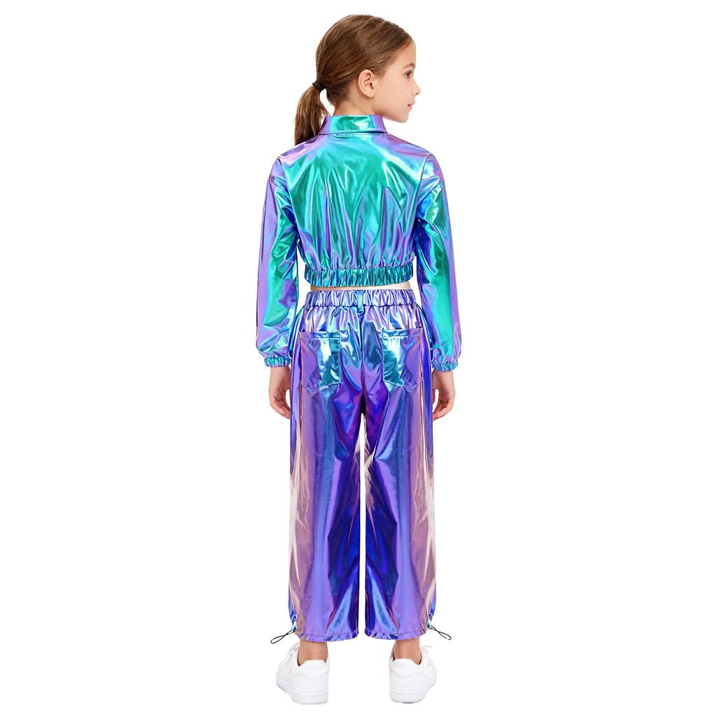 Unisex Kids Shiny Metallic Jacket Drawstring Cargo Pants Hip Hop Jazz Dance Costume Set