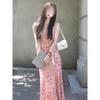 Early Summer New Pink Suspender Floral Dress Casual Women's Summer French Temperament Premium Hip-wrapped Dress