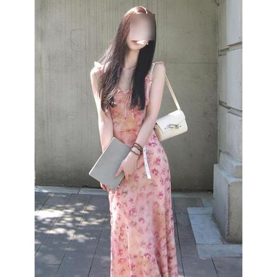 Early Summer New Pink Suspender Floral Dress Casual Women's Summer French Temperament Premium Hip-wrapped Dress