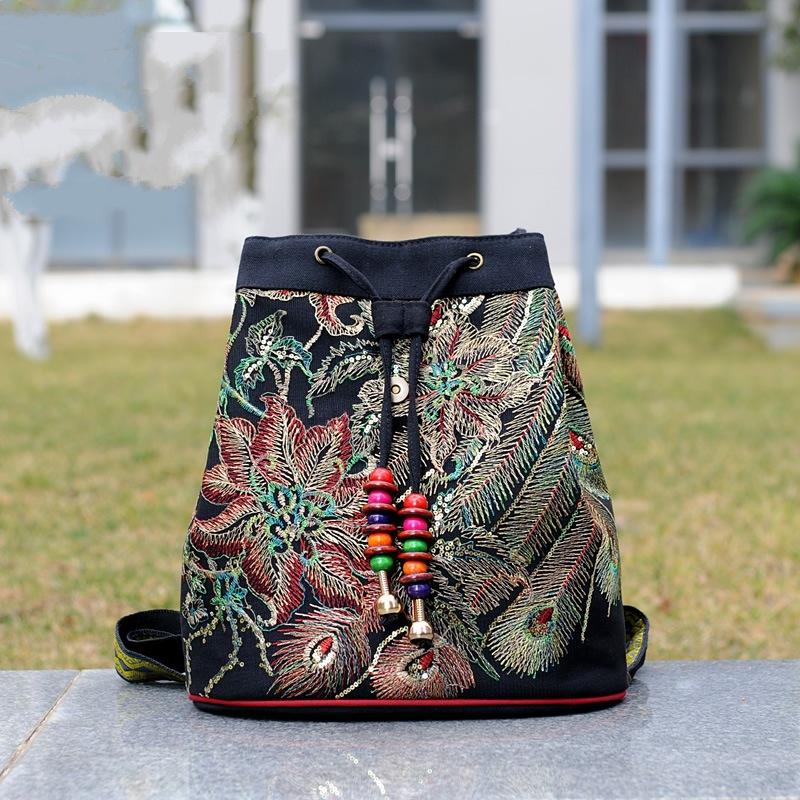 Peacock Sequins Embroidered Women's Canvas Backpacks Ladies Floral Rucksacks Woman Small School Back Bag Bagpack 2025 Gift New