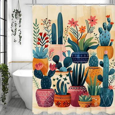 Green Potted Cactus Flower Shower Curtain, Bathroom Decorative Shower Curtain, Waterproof Shower Curtain with Hooks