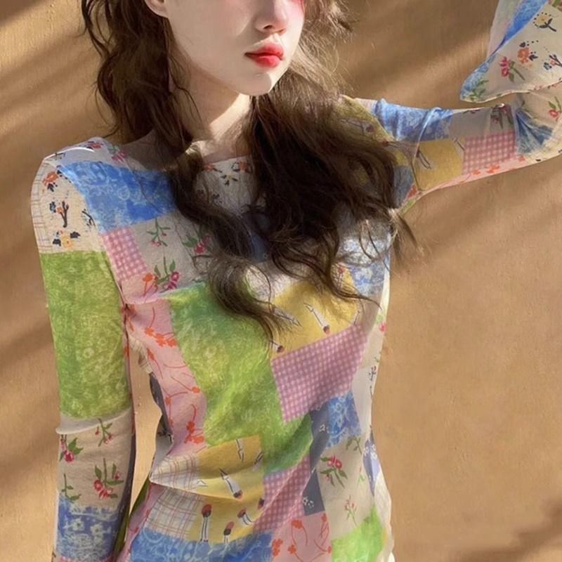 Flared-Sleeve Mesh Summer Thin Long-Sleeve Sun-Protection Printed Design Korean-Style Slim-Fit Trendy Cover-Up for Women