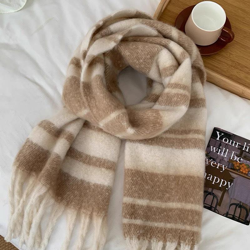 Korean Style Imitation Cashmere Plaid Scarf - Women's Warm, Thick, and Versatile Neck Warmer for Fall and Winter.