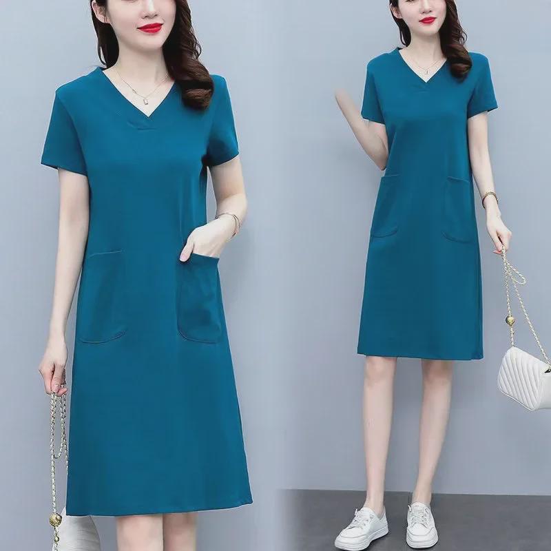 

2023 Solid Color V-Neck Short-Sleeve Mid-Length Silk Dress with Pockets XL чорний