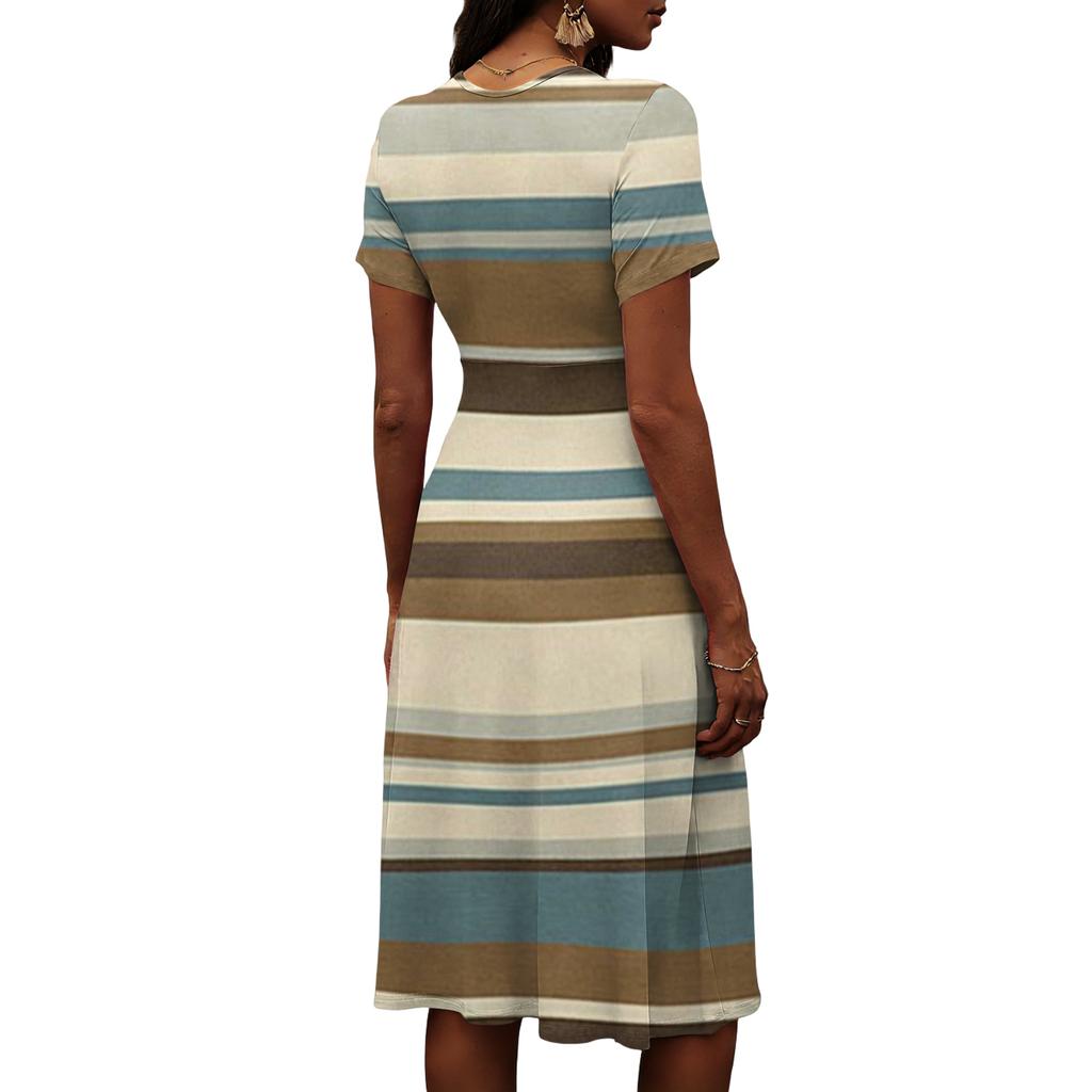 Vestito casual da donna a righe, moda, manica corta, scollo a V