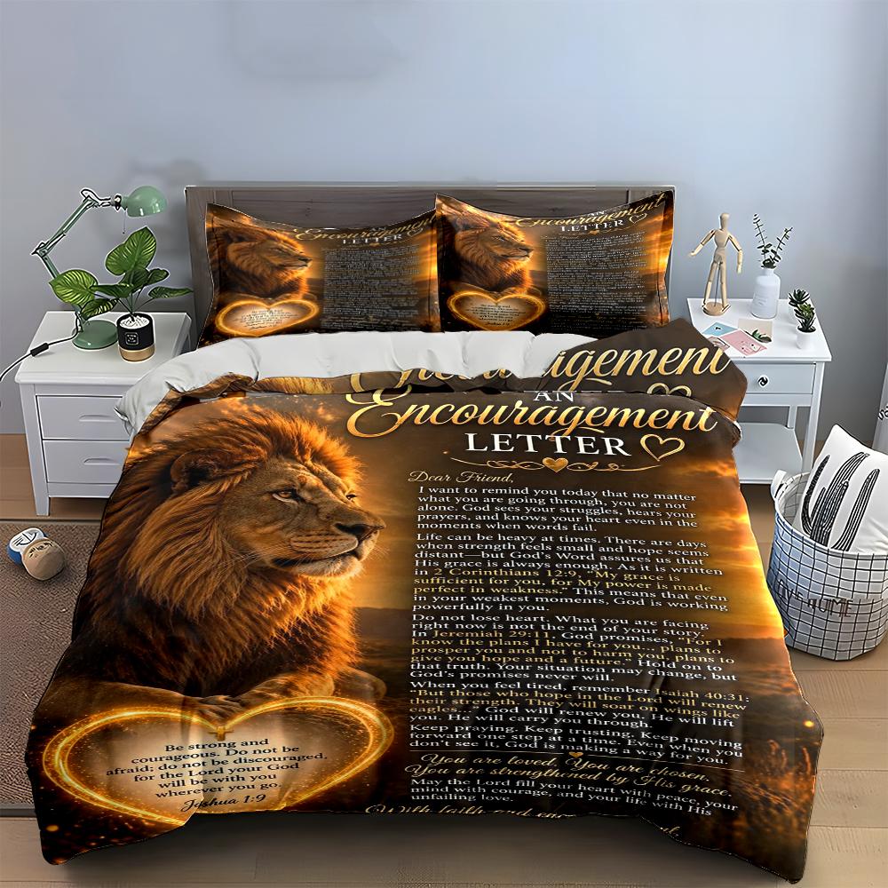 Lion Print with Encouragement Letter Design Bedding Set (1 Duvet Cover, 2 Pillowcases, Duvet Not Included)