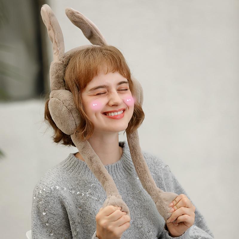 Women's Winter Soft Faux Fur Cute Rabbit Ear Foldable Ear Protection Windproof Traveling Ski Earmuffs