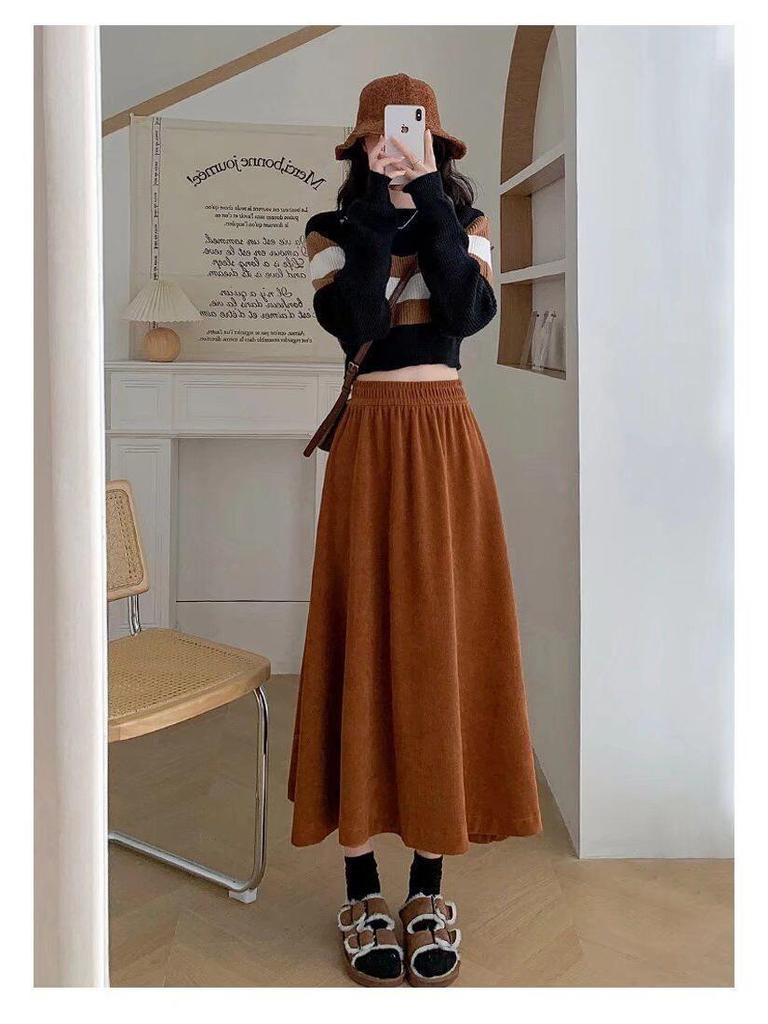 Women's High Waist Corduroy A-Line Mid-Length Skirt for Autumn/Winter