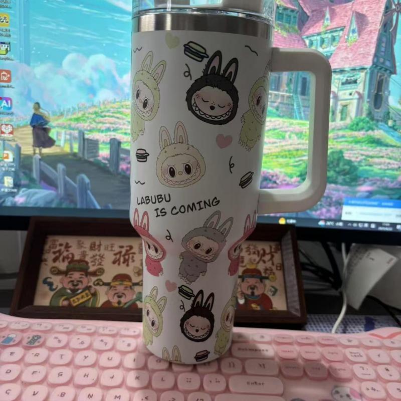 Cartoon pattern Labubu 40oz car cup 304 stainless steel thermos cup Labubu car straw Bingba cup
