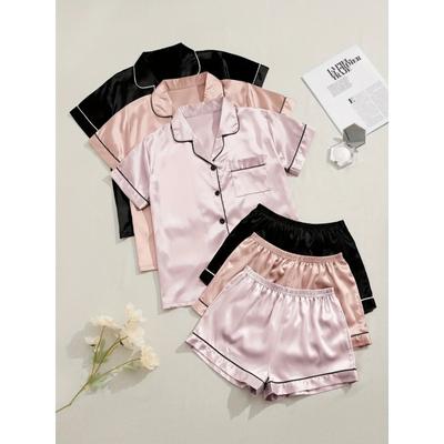 3 Conjuntos de Pijama de Satén para Mujer Verano Nuevo Manga Corta Solapa Top & Pantalones Cortos con Cintura Elástica Conjunto Ropa de Dormir Ropa de Salón para Mujer