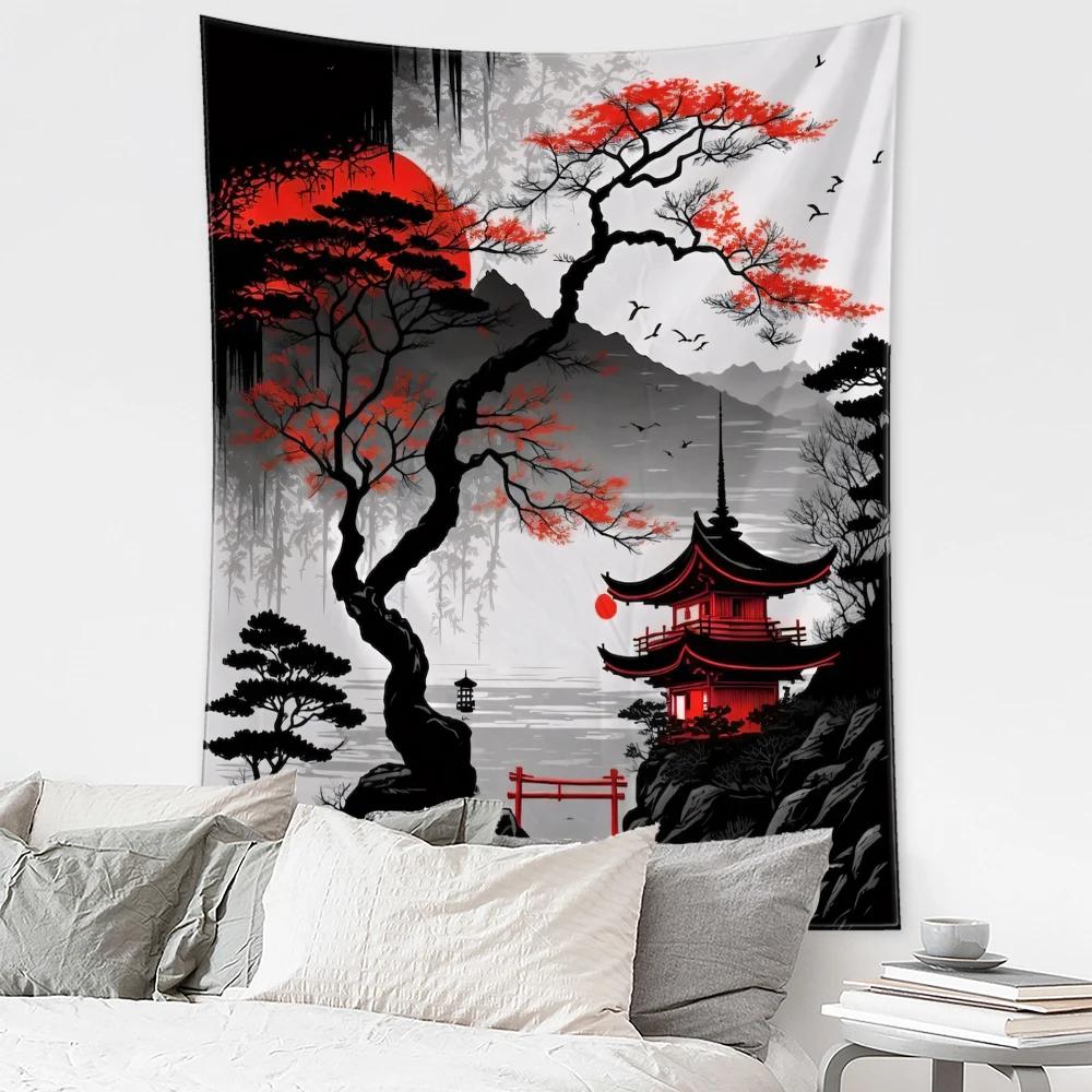 Forest Pagoda Landscape Tapestry Wall Hanging Simple Art Bohemian Modern Art Living Room Bedroom Home Decor Background Cloth