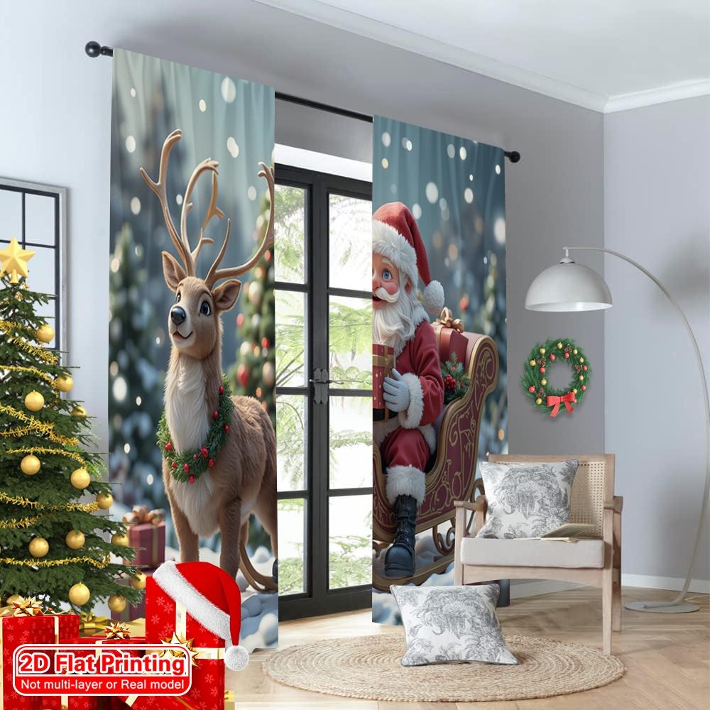 2pcs 2D flat printing Merry Christmas Popular Party Window Curtains Santa Claus Sleigh Gifts Deer Polyester Without Electricity