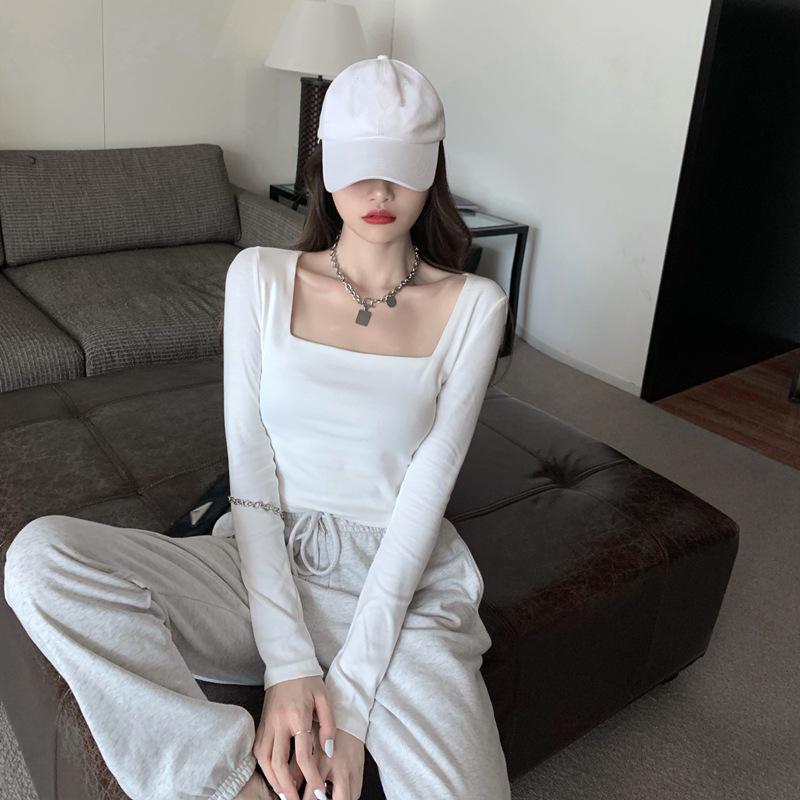 

Женский однотонный топ с длинным рукавом и U-образным вырезом для осени/зимы - Универсальная повседневная одежда для дома и улицы Medium белый