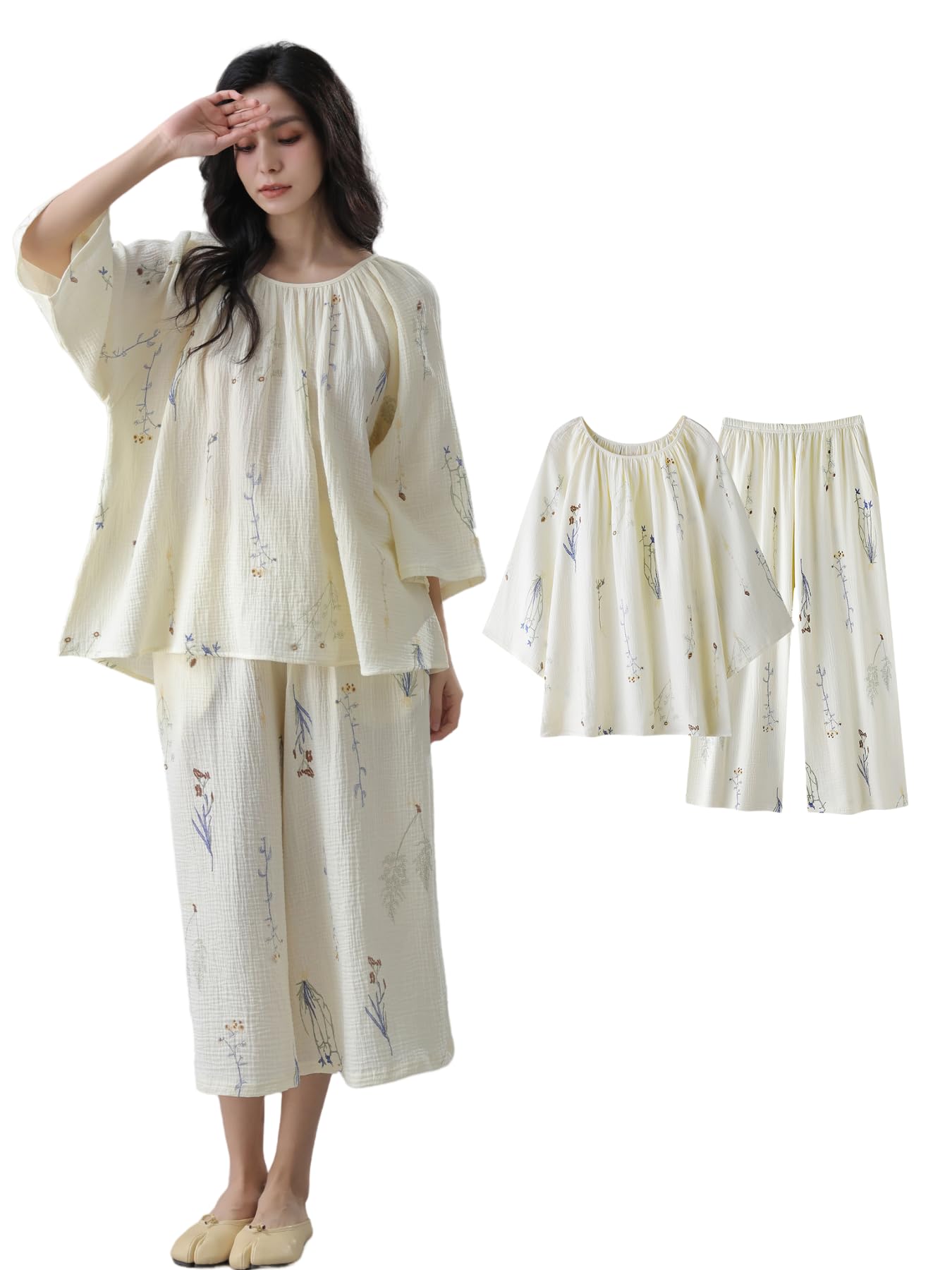 

Beatgos Cotton Double Crepe Loungewear Pajamas Loose Fit for Summer Size Women s 100% Set, 3/4 Sleeves, (S6701 Apricot, L)