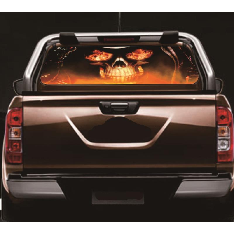 1X 135X36Cm Auto Heckscheibenaufkleber Flammen Schädel Grafik Aufkleber Für Pickup-Truck