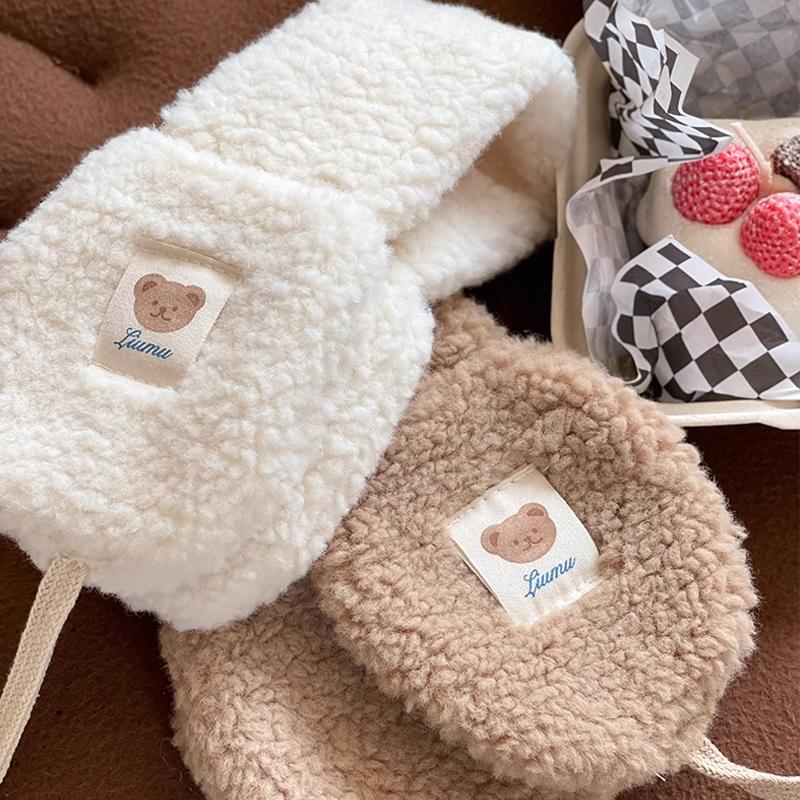 Korean Cute Bear Plush Earmuff Foldable Lace UP Ear Bag Ear Cover Ear Warmer Autumn Winter Women Headphones Keep Warm