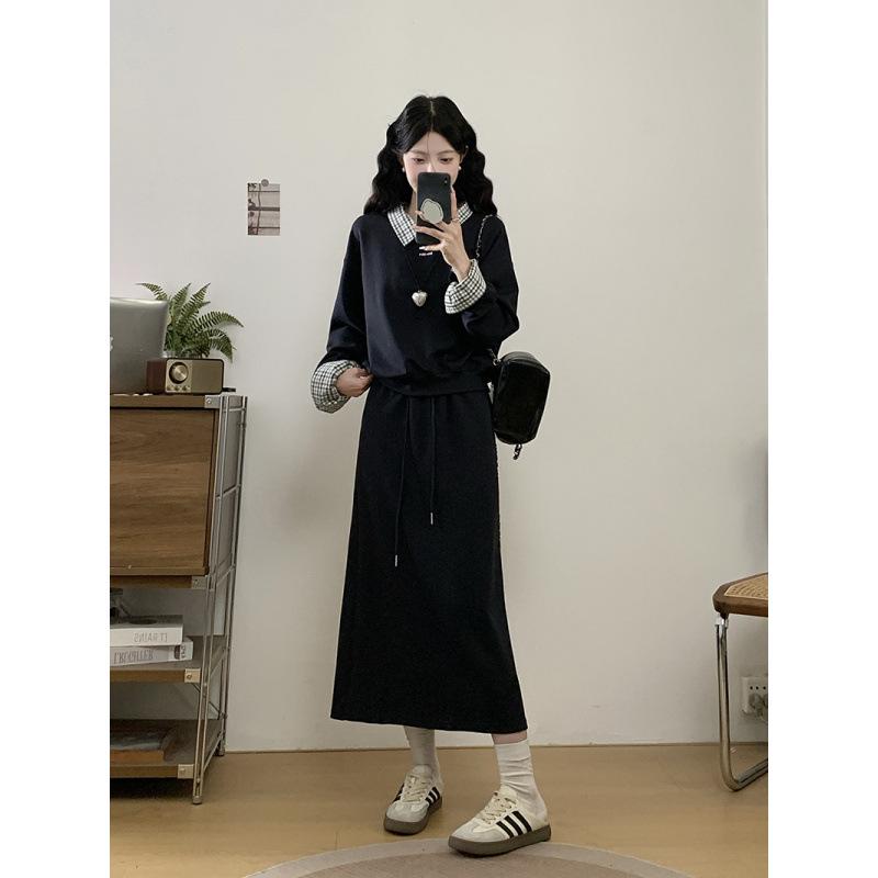 Spring 2026 Plus Size Women's Korean Casual Patchwork Hoodie & Skirt Set